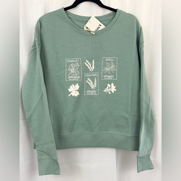 pact Organic Cotton Sage Green Graphic Herbs Crew Neck Slouchy Sweatshirt M & L - Picture 1 of 12